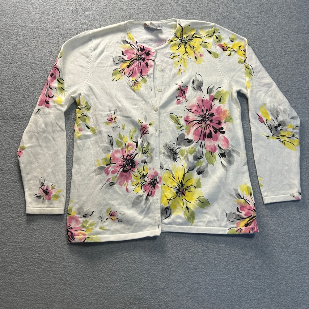 TanJay Button Front Cardigan Sweater Medium Womens White Floral Long Sleeve